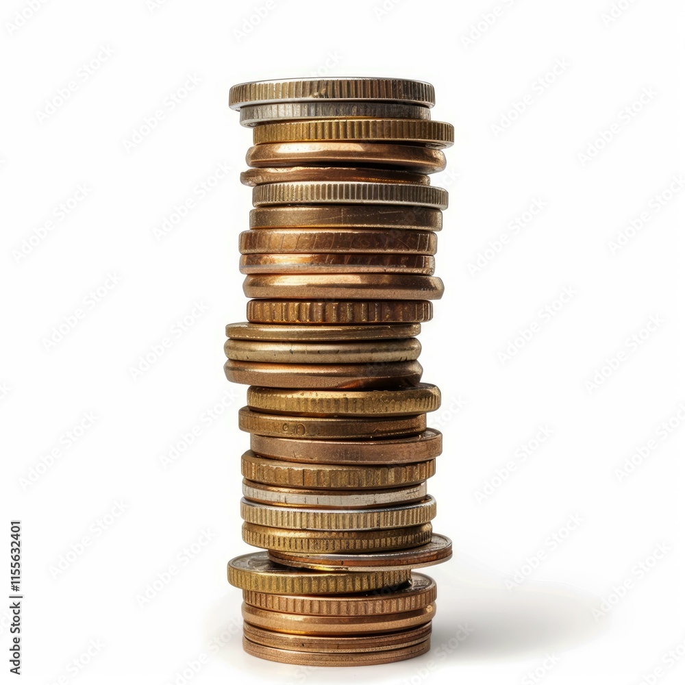 Poster various metal coins stacked high, creating a visual representation of financial growth and stability