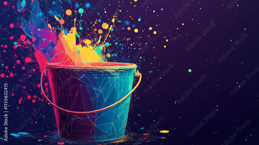 Poster a hologram of a bucket of paint. a bucket of paint made of polygons, triangles of dots and lines. th
