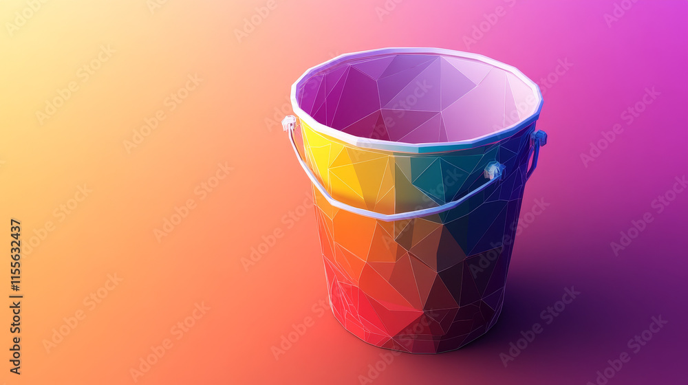 Poster a hologram of a bucket of paint. a bucket of paint made of polygons, triangles of dots and lines. th