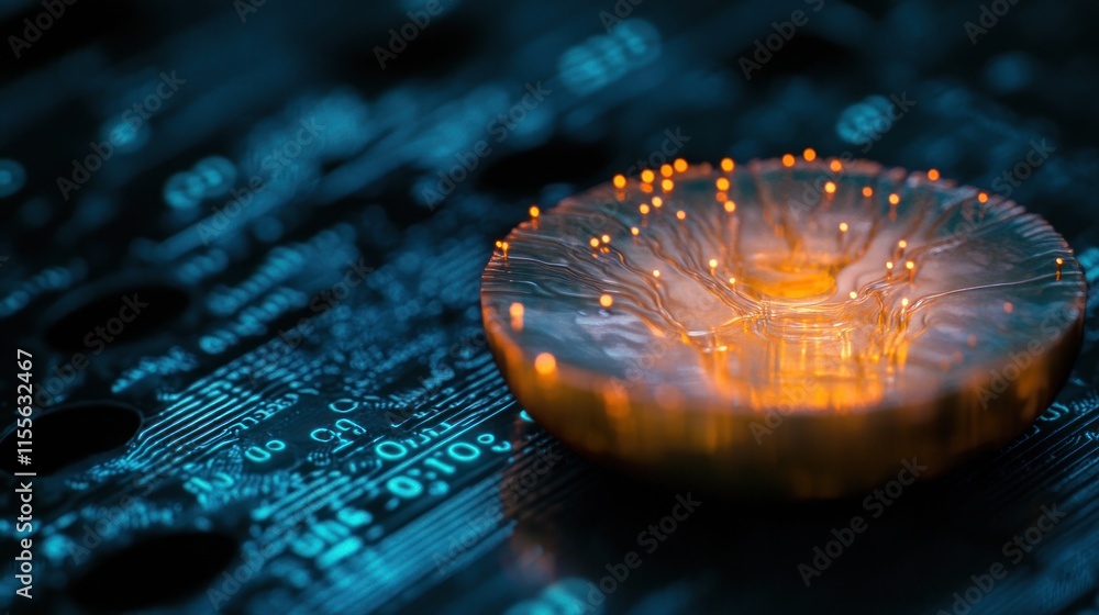 Poster glowing digital coin on circuit board.