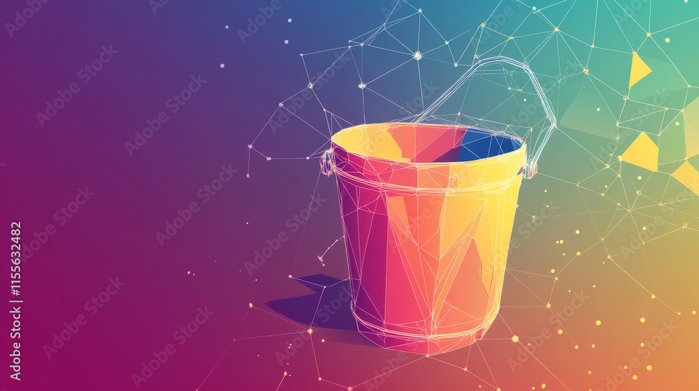 Poster a hologram of a bucket of paint. a bucket of paint made of polygons, triangles of dots and lines. th