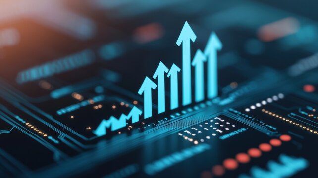 startup growth innovation acceleration concept. Digital graphic depicting rising arrows on a tech background, symbolizing growth and progress.