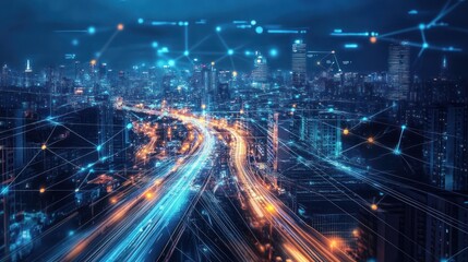 Smart City Network Connection Technology at Night, Futuristic Aerial View of Cityscape with Data Flow Overlay, Symbolizing Digital Transformation and Innovation in Urban Infrastructure
