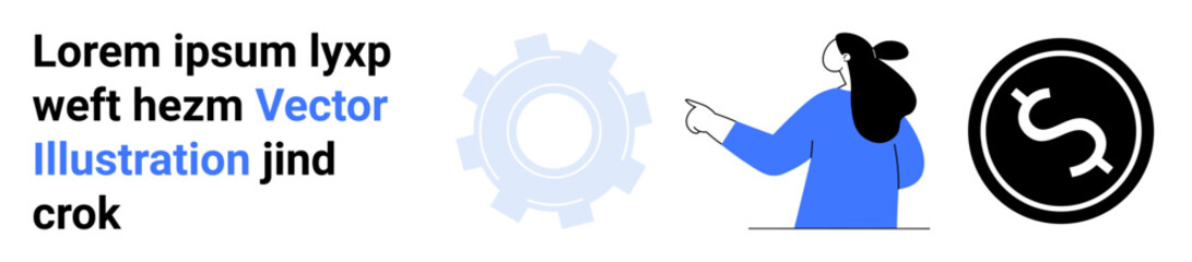 Businesswoman pointing at a gear cog, symbolizing teamwork and process, next to a finance icon. Ideal for project planning, team management, finance strategies, business development, educational