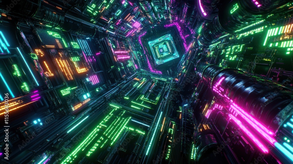 Poster Abstract neon glowing lines forming a futuristic tunnel.
