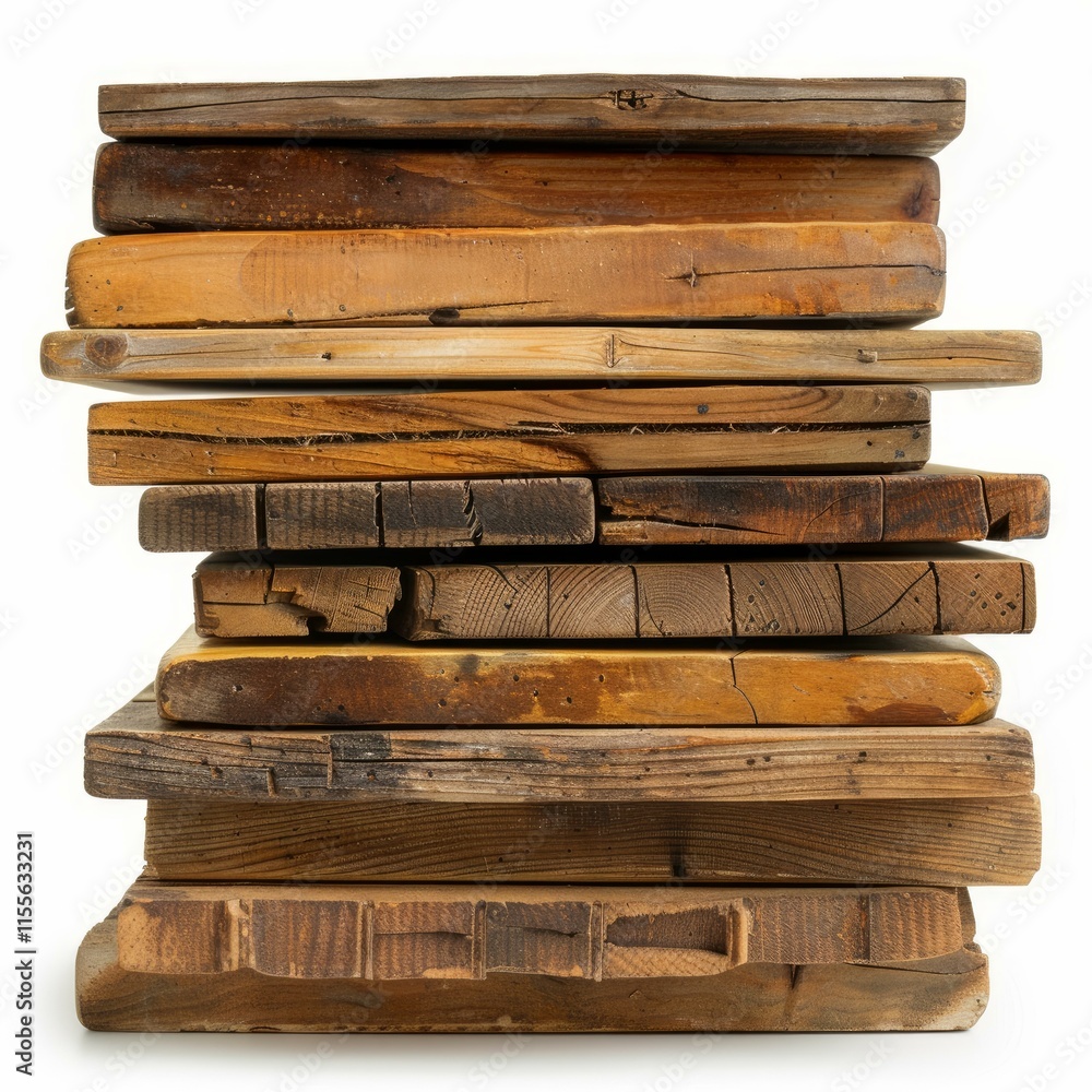 Poster reclaimed wood planks stacked, creating a diverse display of textures and colors, ideal for backgrou