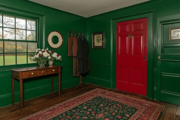 A welcoming entryway with a console table, a round mirror, and a coat rack filled with jackets and hats