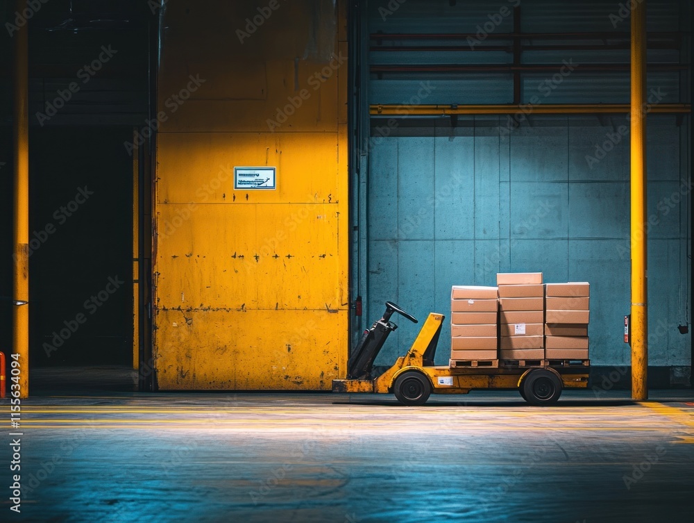 Poster a pallet jack transports cardboard boxes inside a large industrial warehouse with a partially open l