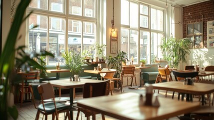 Obraz premium Sunlit cafe interior with wooden tables, chairs, and plants. (1)