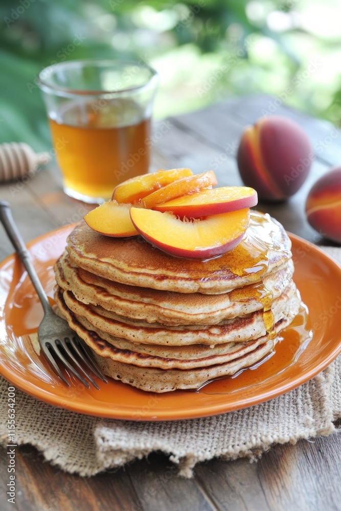 Poster stack of pancakes topped with peach slices and honey.