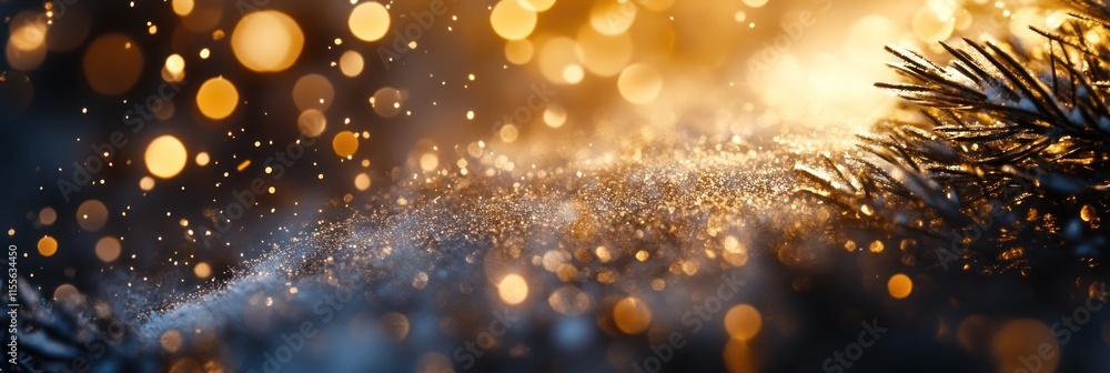Poster sparkling winter pine branch with bokeh lights.