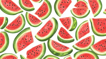 Scattered watermelon slices on white background.