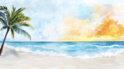 Obraz premium Colorful pastel sunset sky over ocean waves with palm trees