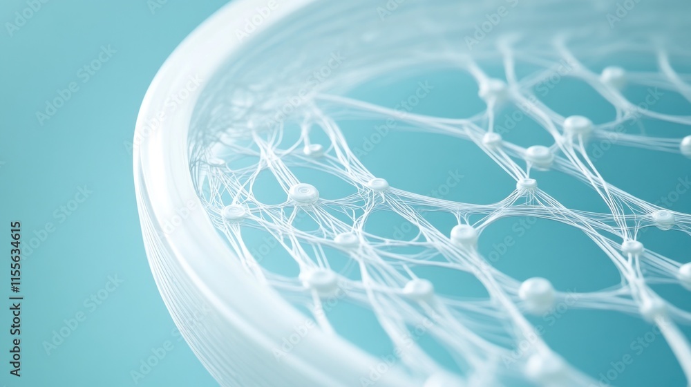 Poster abstract white network structure with nodes and connections on a light blue background.