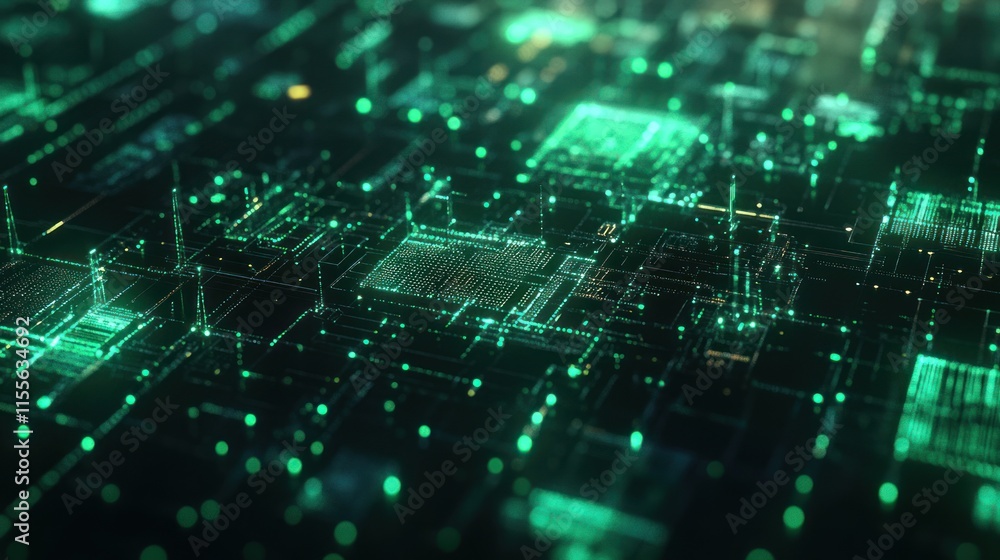 Aufkleber abstract digital circuit board with glowing green lines and nodes.