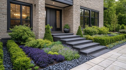 Elegant entrance with lush greenery and modern design in a residential area