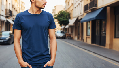 Fototapeta premium Young Model Shirt Mockup, Boy wearing blue color t-shirt on street in daylight