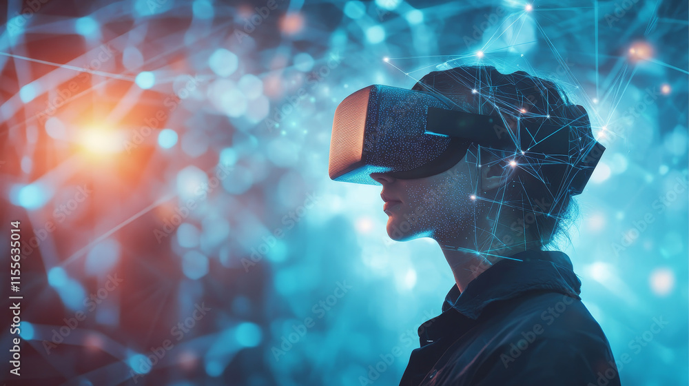 Poster hologram virtual reality. virtual reality made of polygons, triangles, dots, and lines. low-poly vir