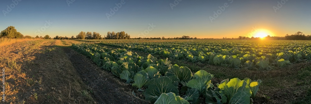 Poster sunset over a vast cabbage field.