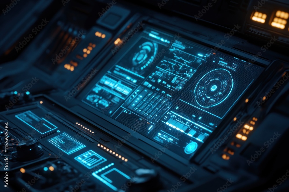 Aufkleber Futuristic spaceship control panel with glowing blue interface displaying navigation and system data.