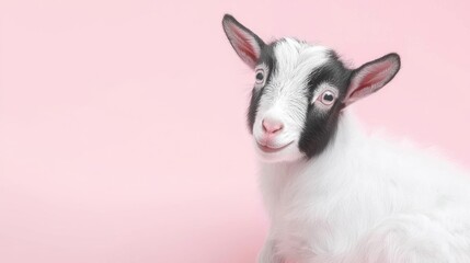Charming black and white goat on pink background studio shot