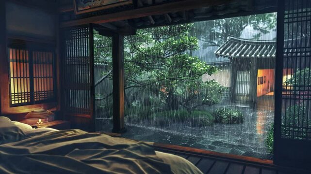 Cozy Bedroom Overlooking Rainy Garden
