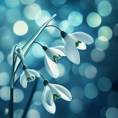 Fototapeta premium Snowdrop flowers in soft focus with shimmering blue background during early spring