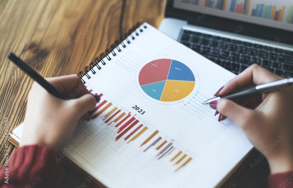 Poster woman analyzing 2023 financial data charts on notepad.