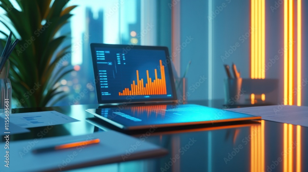 Poster laptop displaying upward trending graph in modern office.