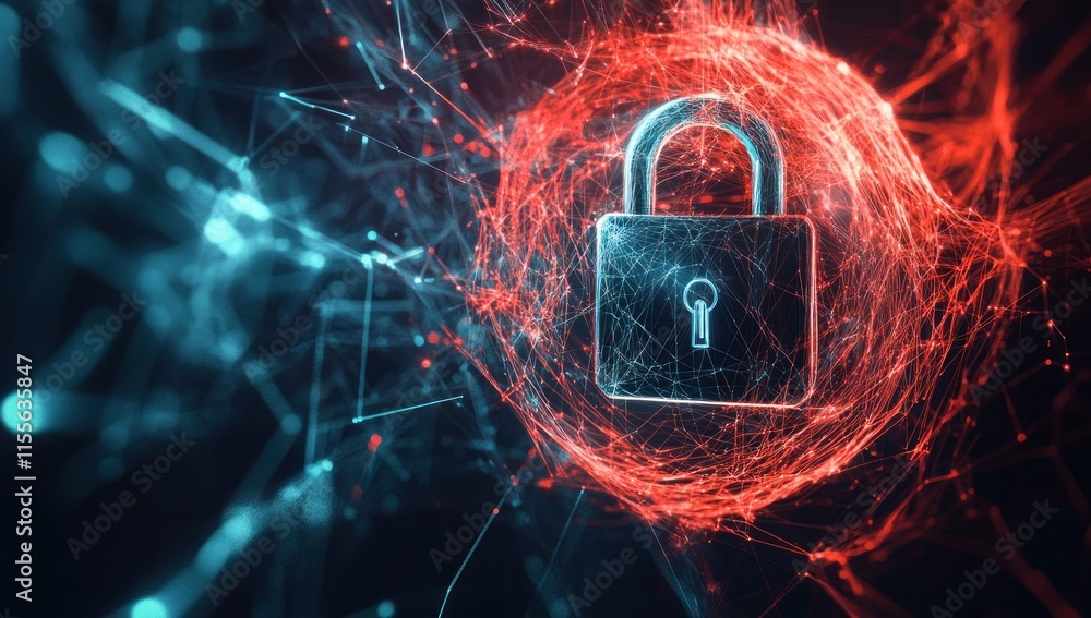 Poster Cyber security concept Padlock inside a glowing sphere with network connections.
