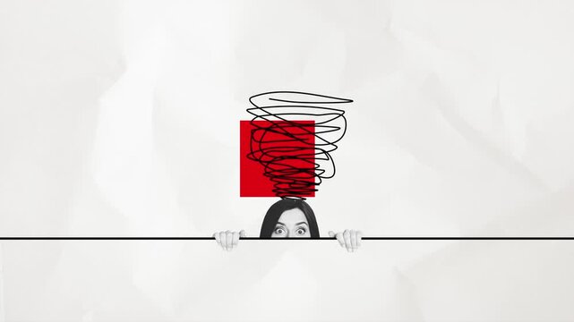 Motion poster trend art collage video of scared girl peek scribble funnel brainstorm think decision panic contemplation