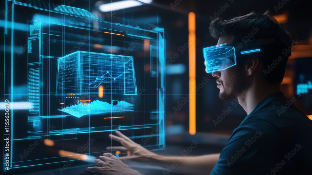 Poster hologram ai. ai made of polygons, triangles, dots, and lines. low-poly ai structure of connections. 