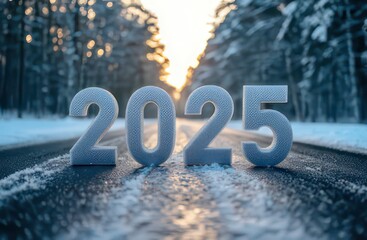 Snowy road scene featuring the year 2025, symbolizing new beginnings and future aspirations.