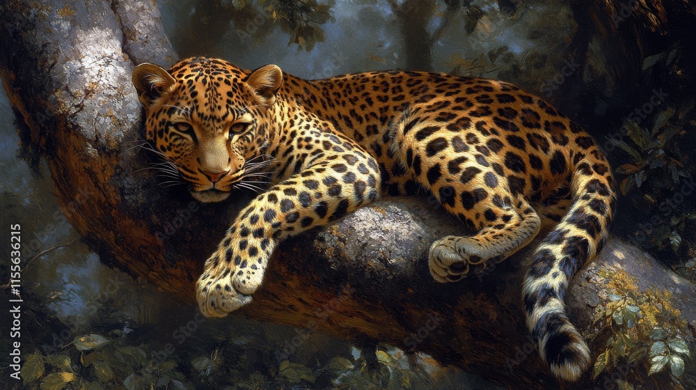 Poster leopard resting on a branch surrounded by vibrant flowers in a tranquil setting