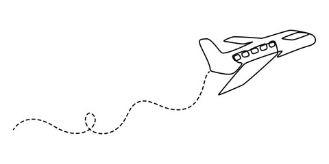 airplane line art style vector with transparent background, Continuous one line art drawing of airplane vector art illustration, Airplane continuous line sketch. Continuous one line drawing of airplan