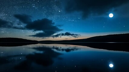 Night sky over calm lake with moon reflection, tranquil scenery. Nature and serenity concept