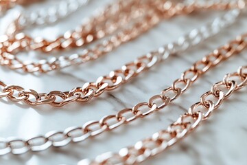 Obraz premium Close-up of intertwined silver and rose gold chains on a marble surface.
