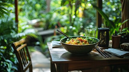 A rustic outdoor setting featuring a tom yum kung noodle bowl on a wooden table, surrounded by lush greenery.
