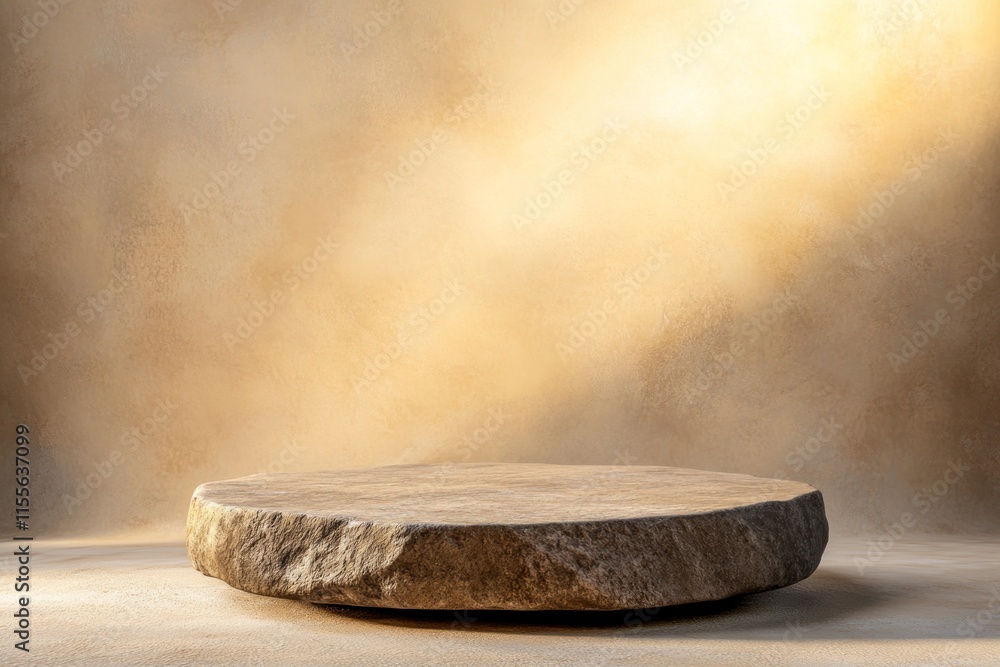 Poster rough stone display podium on beige background with soft lighting.