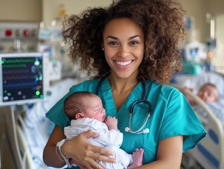 Beautiful nurse in hospital room holding newborn baby
