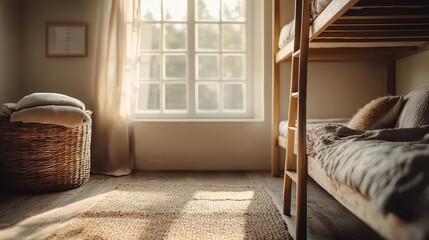 Small hostel dorm with bunk beds, fluffy blankets, and a soft rug, warm and inviting