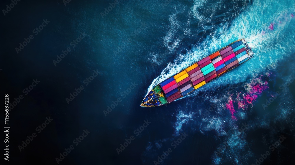 Poster aerial view of a colorful container ship sailing on a dark blue ocean, leaving a trail of white wave