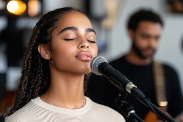 A talented singer passionately performs into a microphone, eyes closed, creating a warm and intimate atmosphere in a modern studio filled with musical instruments.