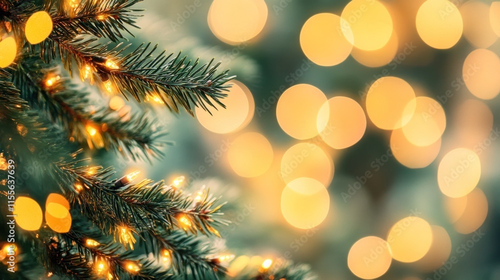 Aufkleber close-up of a decorated christmas tree branch with warm lights and bokeh background.
