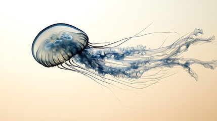 Single jellyfish swimming underwater, translucent bell, long tentacles.