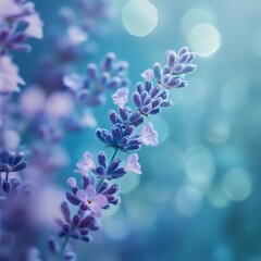 Purple lavender flowers blooming in soft focus under dreamy blue light during a tranquil afternoon