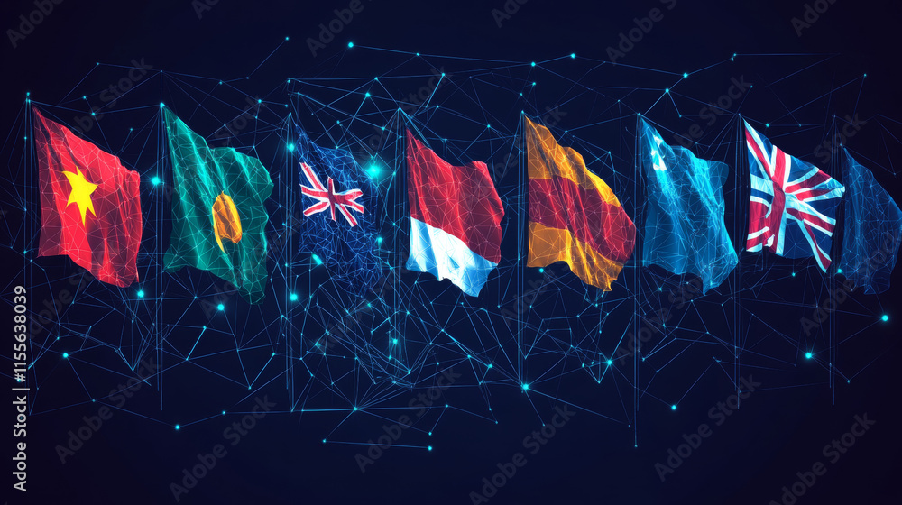 Poster hologram flags. flags made of polygons, triangles, dots, and lines. low-poly flags structure of conn