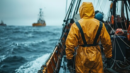 Fisherman in waterproof overalls on a fishing boat on the high seas