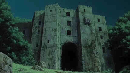 Mysterious ancient stone fortress nestled deep within a verdant forest, evoking a sense of mystery and forgotten history.