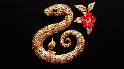 Obraz premium Golden snake sculpture with red flower, black background.